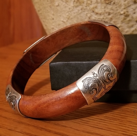 Rare Silpada Sterling Silver Wood Bangle Bracelet